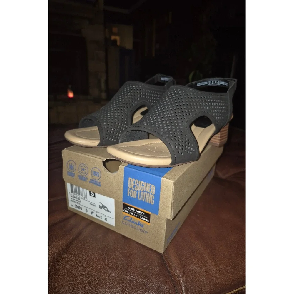 Clarks Size 9W Womens Desiree Sail Black Nubuck Block Heel Sandals Comfort wide